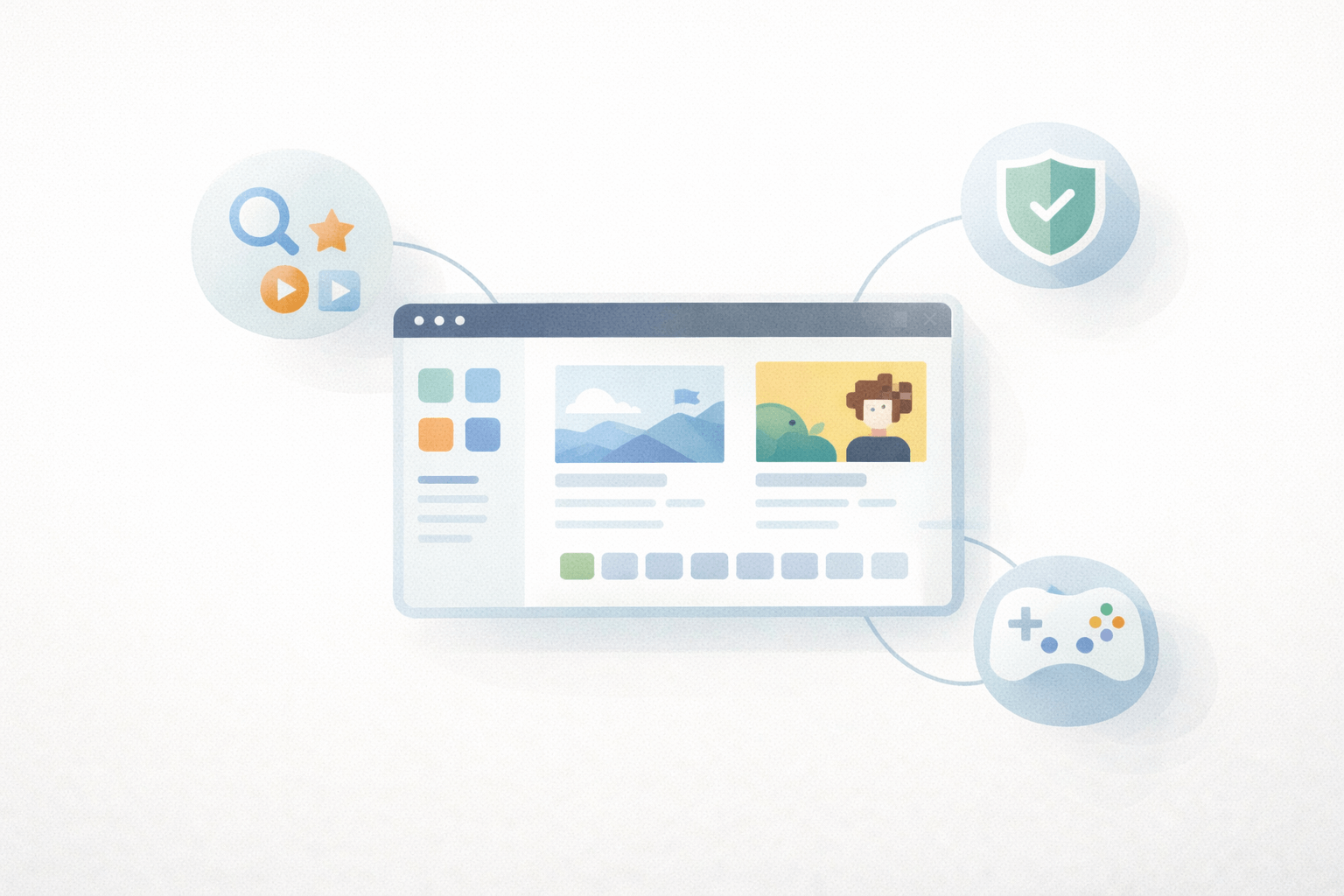Minimal editorial illustration of a simplified interface map with icons for content categories, safety controls, and a game library, arranged in a clean layout with a soft, modern color palette.